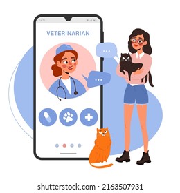 Online veterinary consultation concept. Female owner with a cat at the veterinarian's appointment in a mobile application. Cartoon vector illustration