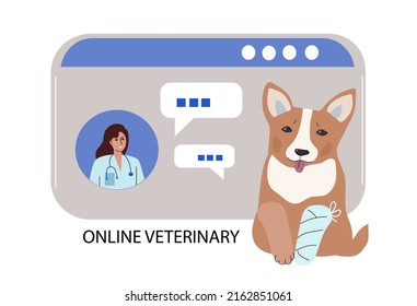 Online veterinary medicine. Internet Consultation Doctor. Healthcare service.Cartoon vector illustration.