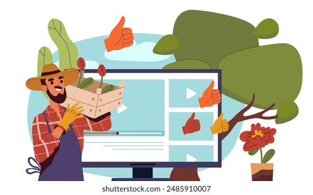 Online video about plant. Man with flowers creates interesting content for social networks and video hosting. Gardener and farmer. Gardening, botany and horticulture. Cartoon vector illustration