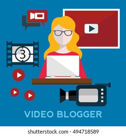 Online video blog design concept set with blogger media flat icons isolated isolated vector illustration.