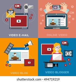 Online video blog design concept set with blogger media flat icons isolated isolated vector illustration.