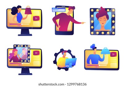 Online video bloggers vector illustrations set. Fashion and beauty vloggers, video tutorials and social media marketing, cooking vlog concept. Vector illustrations set isolated on white background.