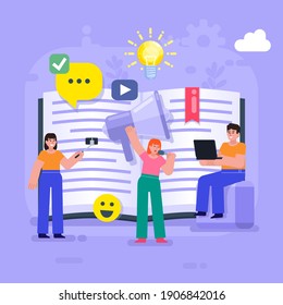 Online video blogging, courses, tutorials. Group of people stand near big diary with various social icons. Modern vector illustration