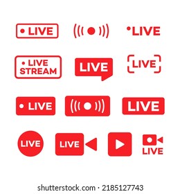 Online video broadcasting icon set vector illustration. Set of red buttons and symbols live streaming icons, different styles. Design element for decoration TV, video, and live performances