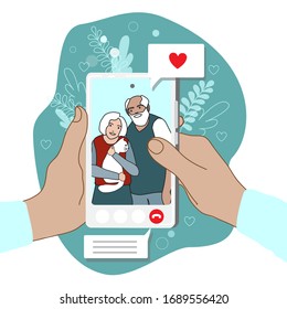 Online video call to aged parents or elderly grandparents. Family love, relationship, support, communication on distance. Hand holding smartphone with couple of seniors on screen. Vector illustration 