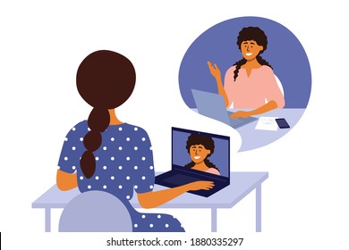 Online video call of business women, networking or web conference. Talking by laptop. Internet communication technology. Hiring, job interview, employment. Work place, home office vector illustration