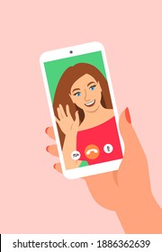 Online video call by smartphone. Young girl says hi to her friend virtually in mobile social media app. Flat cartoon illustration. Social distance during coronavirus quarantine. Virtual conversation