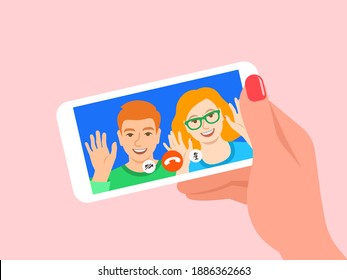 Online video call by smartphone. Young couple, girl and boy say hi to their friend virtually in mobile social media app. Flat cartoon illustration. Social distance during coronavirus quarantine.