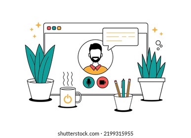 online video call or chat illustration. Video call conference, working from home, social distancing, business discussion..