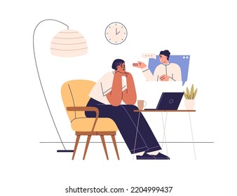 Online Video Call Of Colleagues. Virtual Remote Business Communication. Work Via Internet, Network Concept. People At Distant Meeting From Home. Flat Vector Illustration Isolated On White Background