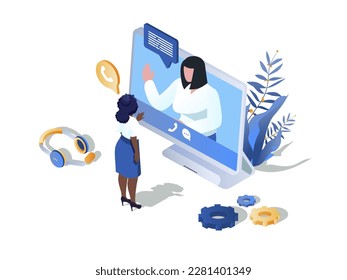Online video call concept 3d isometric web scene. People talking in video programm, discussing work tasks, distant consulting at virtual conference. Vector illustration in isometry graphic design