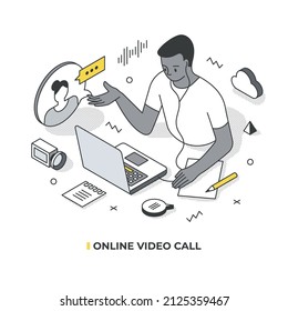 Online video call concept. Dark skin man with headphones uses laptop to remotely communicate with client or colleague.  Isometric vector illustration with isolated objects