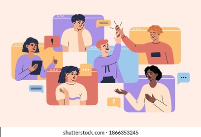 Concepto de videollamadas en línea, conferencia virtual con equipo de trabajadores remotos, pantalla de computadora, trabajo desde casa, un grupo de colegas hombres y mujeres se reúnen, comunicación web. Ilustración del vector