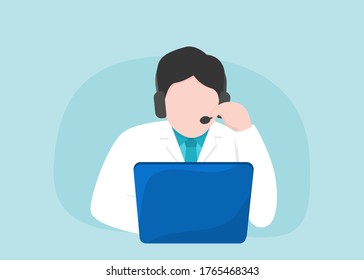 online video call consultation, patient and doctor talk concept. doctor wears headset looking at camera. online medical chat consultation, tele medicine distance services, virtual physician conference