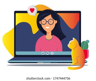 Online video call, distant communication with friends, loved ones, remote talk. Quarantine. Flat vector illustration. Template design for poster, card, web, etc.  