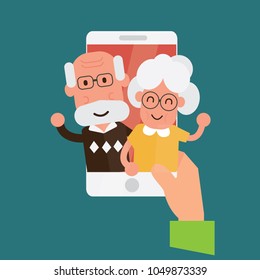 Online video call with elder age parents or grandparents.