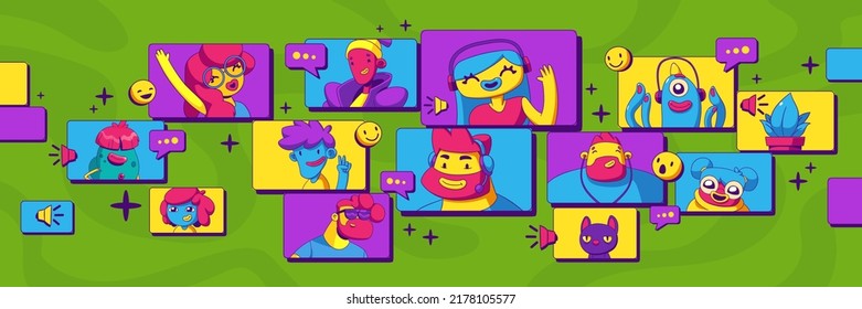 Online Video Call With Friends Or Team. Vector Flat Illustration Of Virtual Meeting With Men And Women, Monsters, Cat And Plant In Contemporary Art Style. Video Chat Face Masks