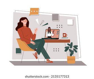 Online video call. Girl communicates with her friend on Internet, modern technologies and social networks. Comfort and coziness, remote employee and quarantine. Cartoon flat vector illustration