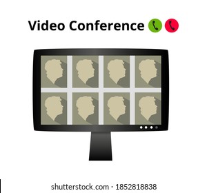Online video call icon. Lcd monitor screen with video chat isolated on white background. Online conversation, distance education, conference, business remote chat. Pandemic time, home office.