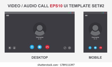 Online Video Call Interface Template With User Icon. Vector UI Screen. Online Business Webinar Chat. Videocall Screen Mockup For Learning Conference. Flat Online Computer Communication Concept. SET2