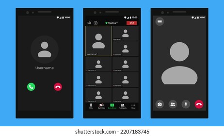 Online video call interface template with user icon. Online conference meeting. Call screen template. Screen display of a video meeting application. Meeting App Flat Vector.