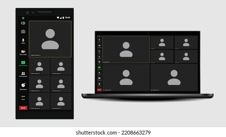 Online video call interface template with user icon. Application for social communication. Communication windows for app and desktop. Screen display of a video meeting application. Flat Vector.