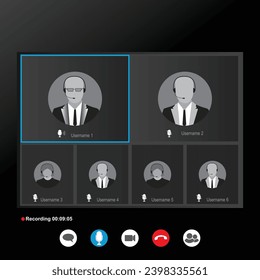 Vorlage für die Online-Videoanrufe-Schnittstelle mit Benutzersymbol. Vorlage für Gruppenvideoaufrufe. Online-Tagungsbildschirm.  Videocall-Interface. Konferenzschaltung.