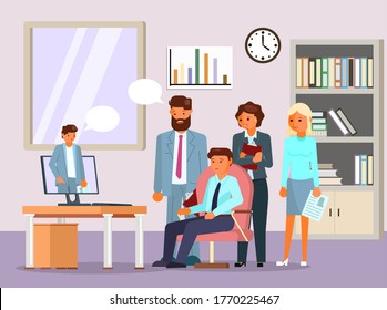 Online Video Call Job Interview, Vector Flat Illustration. Live Chat Between Employer, Hr Manager And Job Candidate. Virtual Recruitment Event.