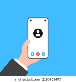 Online video call on Phone screen. Phone in hand.