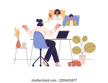Online Video Call, Remote Business Meeting With Team. Virtual Work Communication Concept. People Colleagues Talking Through Internet At Distance. Flat Vector Illustration Isolated On White Background
