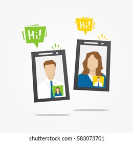 Online video call vector illustration. Wireless communication with mobile phones creative concept. Video chat via internet technology graphic design.
