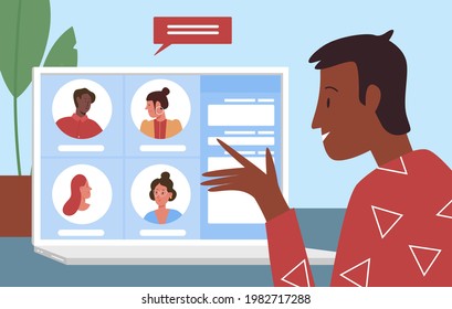 Online video call, virtual communication vector illustration. Cartoon business teleconference internet talk or friends meeting in videoconference chat app, happy man character chatting background
