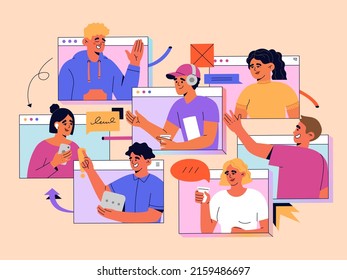 Online video call, virtual conference with team of remote workers. Group of men and women have business meeting. Hand drawn color vector illustration isolated on light background, flat cartoon style.