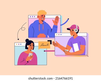 Online video call, virtual conference with team of remote workers. Group of men and women have a business meeting. Hand drawn vector illustration isolated on light background. Flat cartoon style.