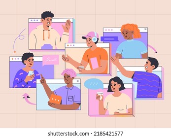 Online video call. Web communication, virtual conference. Group of men and women have business or friend meeting. Hand drawn color vector illustration isolated on light background, flat cartoon style.