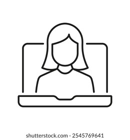 Online Video Call with Woman Line Icon for Virtual Support and Communication. Online Video Conference Symbol. Virtual Meeting and Remote Communication. Editable Stroke. Isolated Vector Illustration.