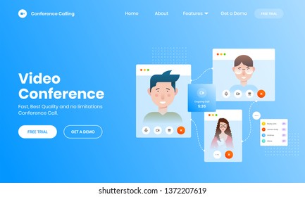Online video calling concept with smartphone screen in between different character on blue background for Landing Page design.