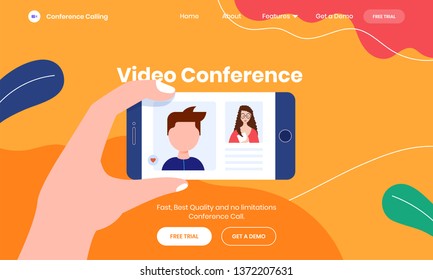 Online video calling concept with smartphone screen in between two character on orange background for Landing Page design.