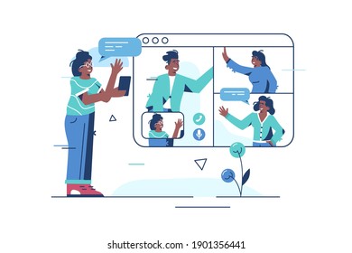 Online video calling vector illustration. Woman communicating with friends via internet app flat style design. Virtual meeting and group video conference. Chatting with friends online