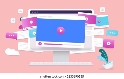 Online video channel on computer screen - Viral videos concept on desktop pc with media player windows and design elements flying around. Vector illustration