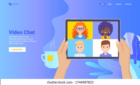 Online video chat concept for website, landing page, banner, print. Remote communication, video conference with multiple people using application on tablet. Video call hero vector flat image.