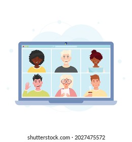 Online video chat conference meeting with diverse group of people. Vector illustration.