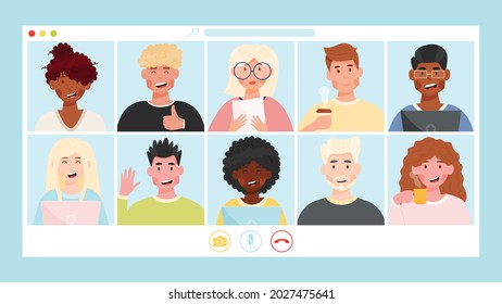 Online video chat conference meeting with diverse group of people.  Vector illustration.