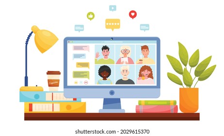 Online video chat conference meeting with diverse group of people. Home office workplace concept. Vector illustration.
