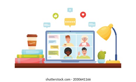 Online video chat conference meeting with diverse group of people. Home office workplace concept with notifications bubbles. Vector illustration.