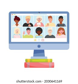 Online video chat conference meeting with diverse group of people. Home office workplace. Vector illustration.