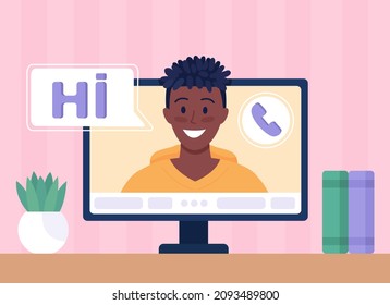 Online Video Chat With Potential Romantic Partner Flat Color Vector Illustration. Holding Genuine Conversation With Mate. Shy Young Man 2D Cartoon Character With Computer Monitor On Background