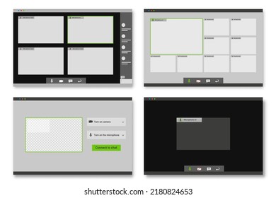 Online video chat template set. Web conferencing and friendly communication business webinar interface with participants vector display