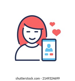 Online video chat - vector line design single isolated icon on white background. High quality black pictogram with red and blue colors. Image of girl chatting online with someone she love. Connection