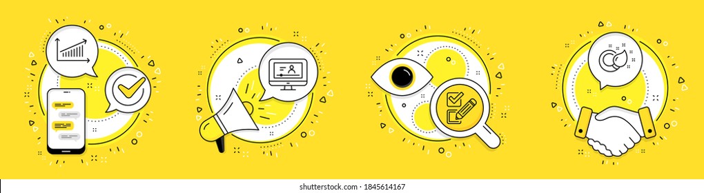 Los iconos de línea de vídeo en línea, caja de verificación y gráfico están configurados. Iconos de telefonía celular, megáfono y vectores de tráfico. Dibujar el signo de pincel. Examen de vídeo, elección de encuesta, carta de presentación. Creatividad. Conjunto de educación. Vector
